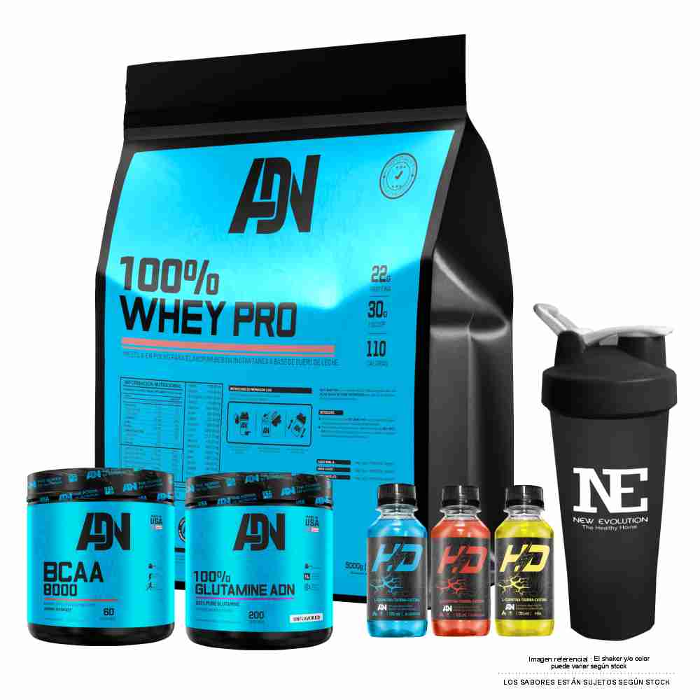 COMBO ADN - 100% WHEY PRO 5 KG. VAINILLA+ GLUTAMINE ADN 500GR + BCAA 8000 540GR. FRUIT PUNCH +SHAKER