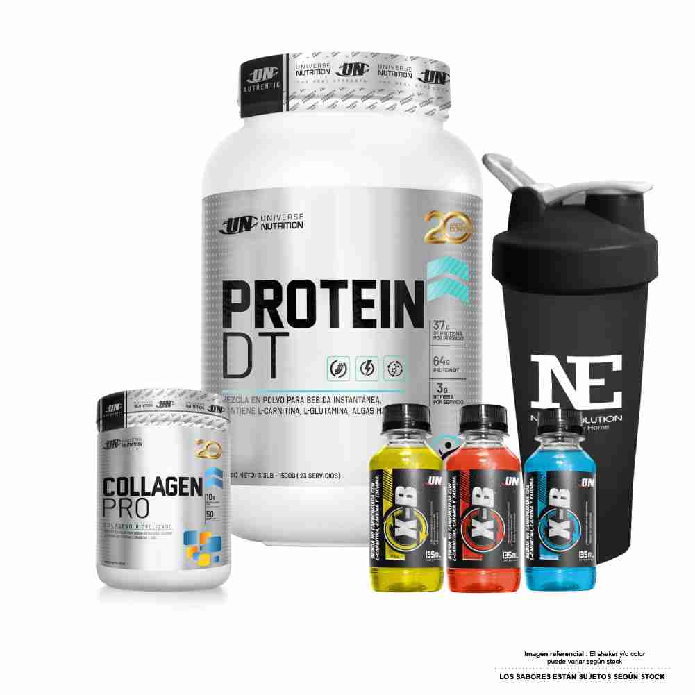 COMBO UNIVERSE NUTRITION - PROTEIN DT 1.500 KG. CHOCOLATE + COLLAGEN PRO 500 GR. SANDIA + SHAKER
