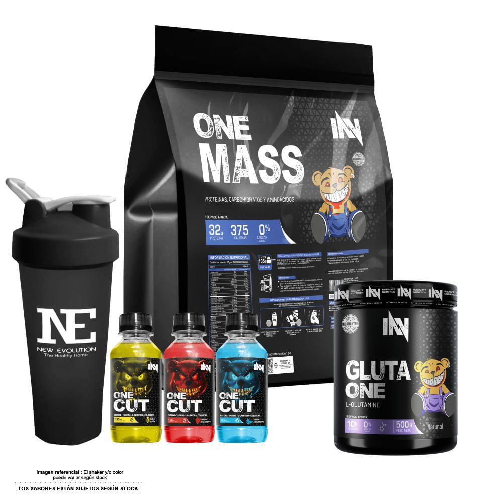COMBO INNOVATE NUTRITION - ONE MASS 3 KG. CHOCOLATE + GLUTA ONE 500 GR. + SHAKER