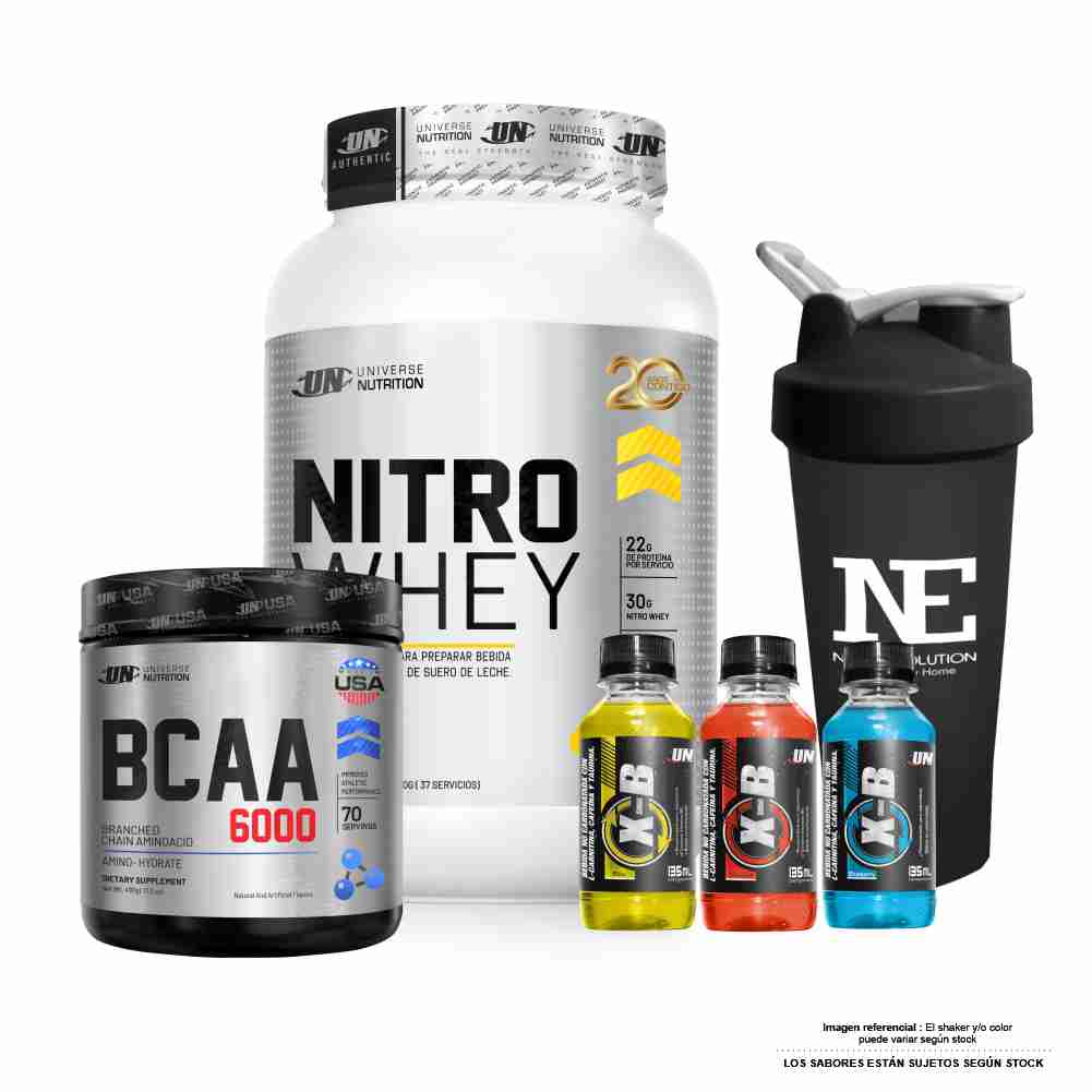 COMBO UNIVERSE NUTRITION - NITRO WHEY 1.100 KG. CHOCOLATE + BCAA 6000 490 GR. FRUIT PUNCH + SHAKER