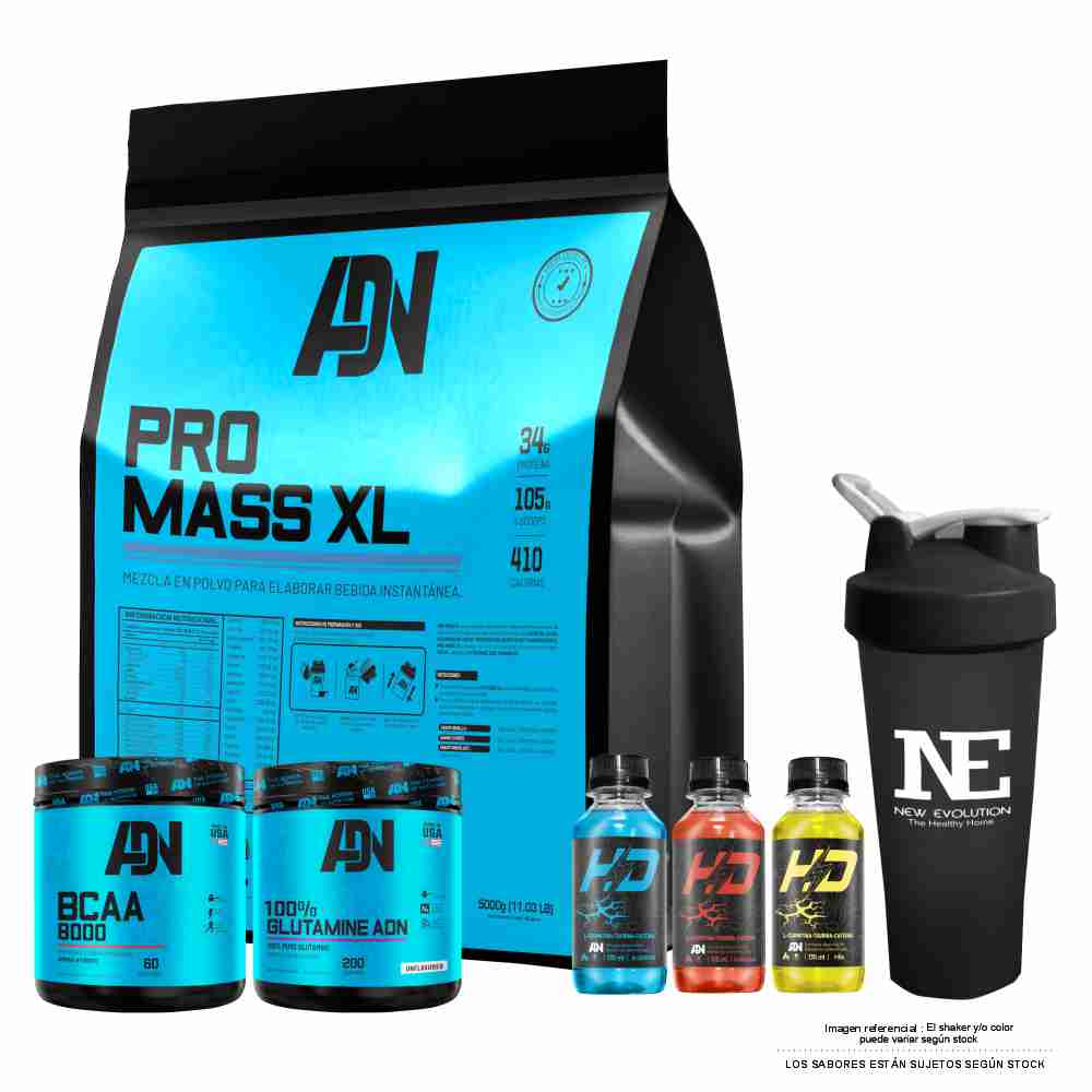 COMBO ADN - PRO MASS XL 5 KG. COOKIE + BCAA 8000 540GR. FRUIT PUNCH + GLUTAMINE ADN 500 GR. + SHAKER