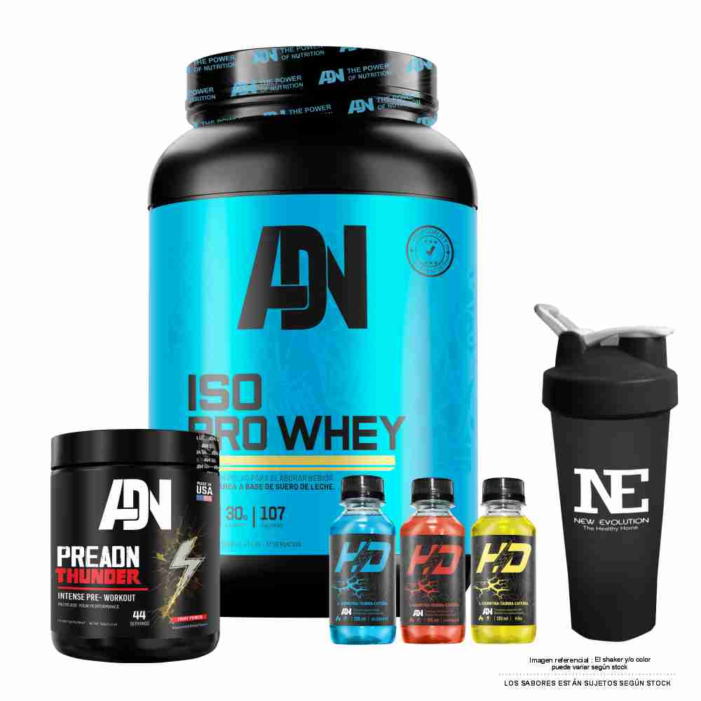 COMBO ADN NUTRITION - ISO PRO WHEY 1.100 KG. CHOCOLATE + PRE ADN THUNDER 352 GR. FRUIT PUNCH +SHAKER