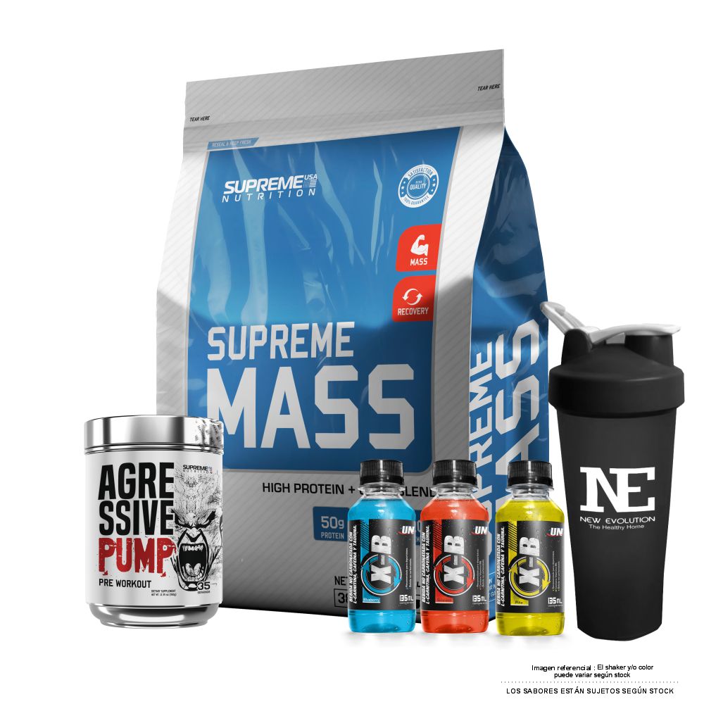 COMBO SUPREME NUTRITION - SUPREME MASS 10 LIBRAS COOKIE + AGRESSIVE PUMP 350GR. FRUIT PUNCH + SHAKER