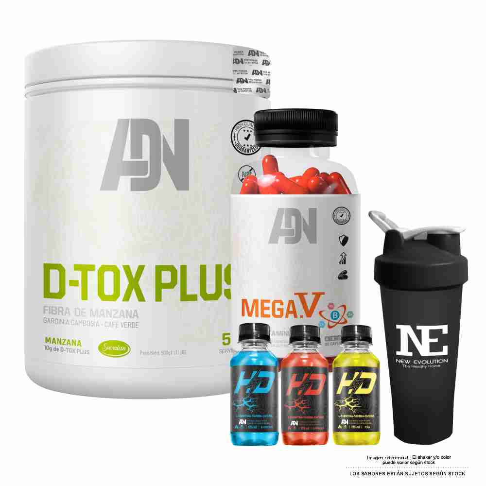 COMBO ADN NUTRITION - D-TOX PLUS 500 GR. MANZANA +  MEGA.V + COLLAGEN POWDER 500 GR. NARANJA +SHAKER