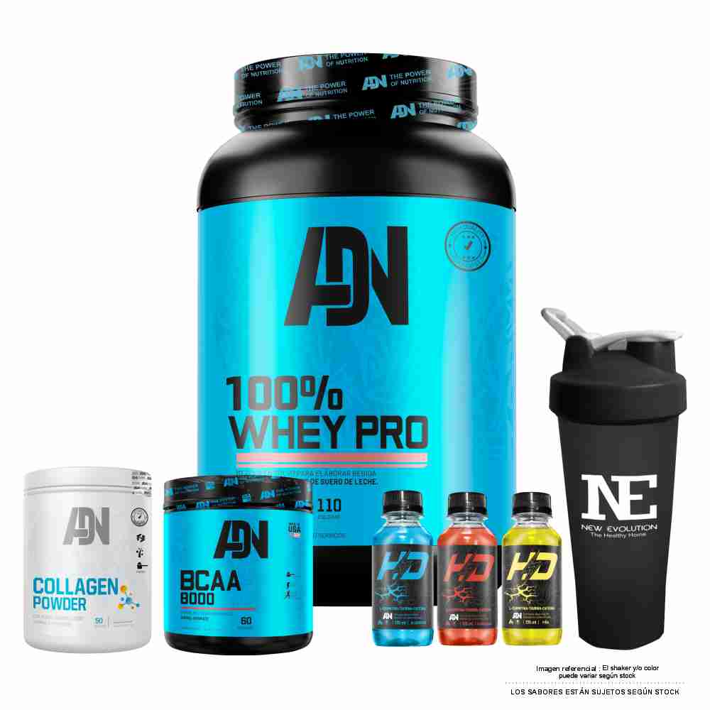 COMBO ADN - 100% WHEY PRO  1.1 KG. COOKIE + BCAA 540 GR. MANZANA + COLLAGEN 500 GR. NARANJA +SHAKER