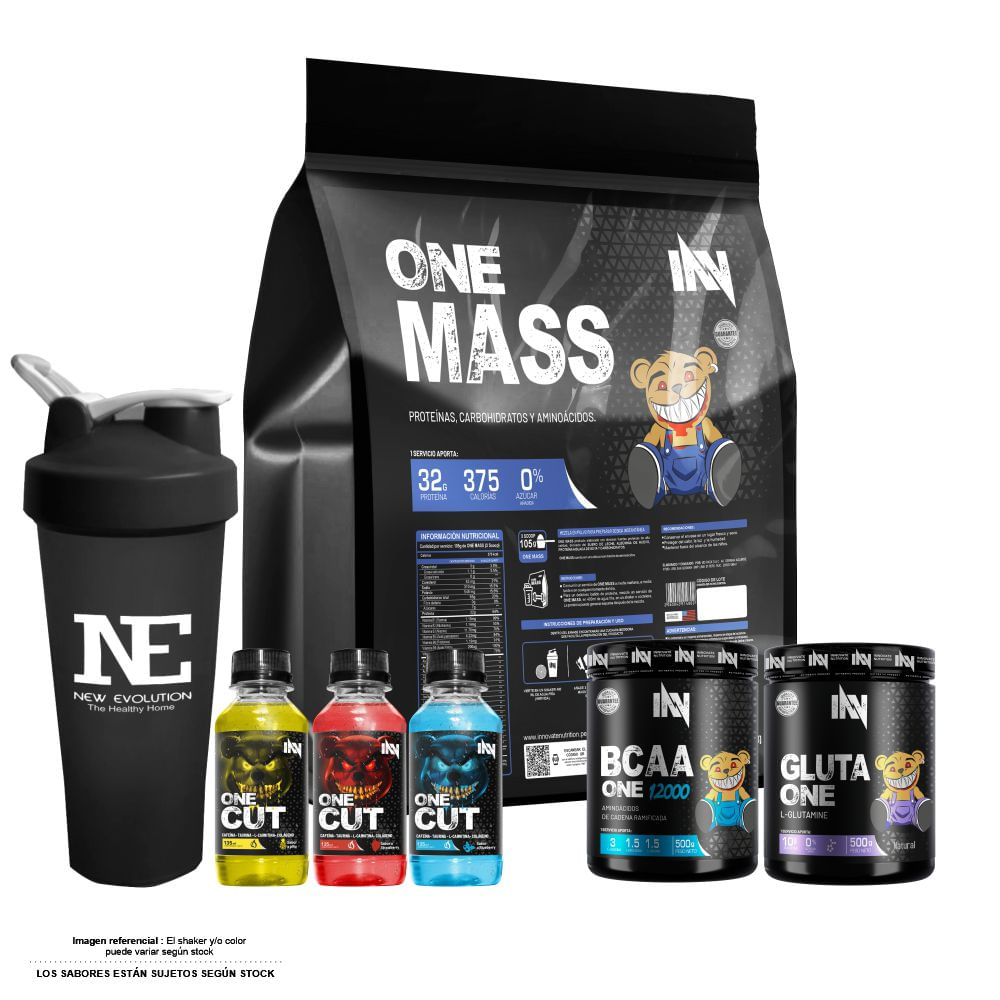 COMBO INNOVATE NUTRITION- ONE MASS 3 KG. CHOCOLATE +GLUTA ONE 500GR + BCAA ONE 500GR NARANJA +SHAKER