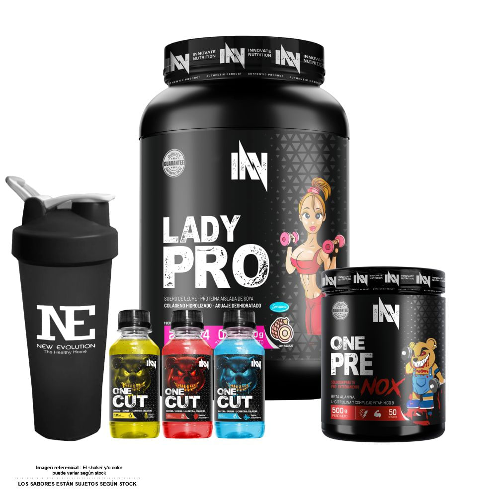 COMBO INNOVATE NUTRITION - LADY PRO 1.100 KG. CHOCOLATE + ONE PRE NOX 500 GR. FRUIT PUNCH + SHAKER