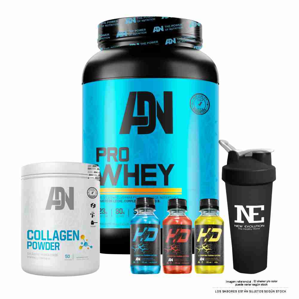 COMBO ADN NUTRITION - PRO WHEY 1.100 KG. VAINILLA + COLLAGEN POWDER 500 GR. FRUIT PUNCH + SHAKER