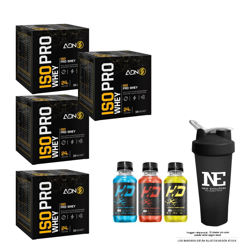 COMBO ADN NUTRITION - 4 ISO PRO WHEY CAJA 10 UNID. COOKIE + SHAKER