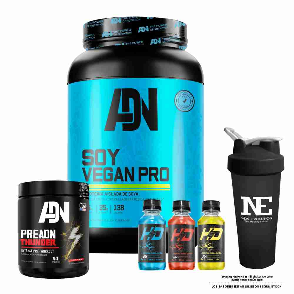 COMBO ADN NUTRITION - SOY VEGAN PRO 1.500 KG. CHOCOLATE+ PRE ADN THUNDER 352 GR. FRUIT PUNCH +SHAKER
