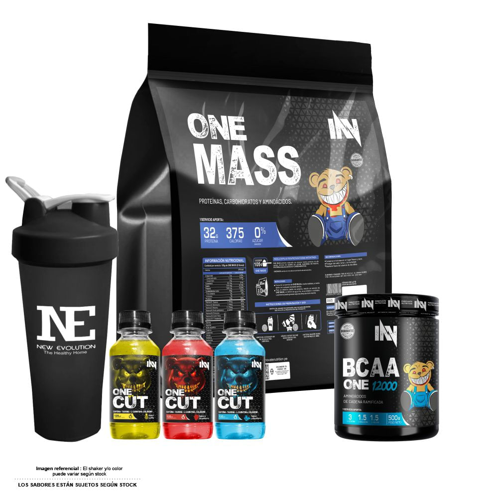 COMBO INNOVATE NUTRITION - ONE MASS 5 KG. VAINILLA + BCAA ONE 12000 500 GR. FRUIT PUNCH + SHAKER
