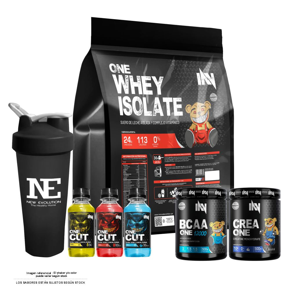 COMBO INNOVATE - ONE WHEY ISOLATE 3 KG. CHOCOLATE+ CREA ONE 500GR. + BCAA ONE 500GR. NARANJA +SHAKER