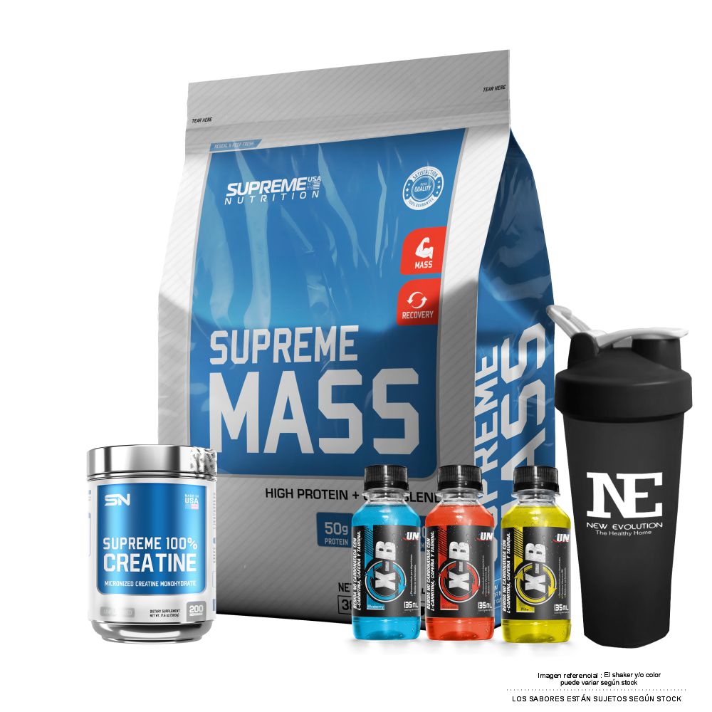 COMBO SUPREME NUTRITION - SUPREME MASS 10 LIBRAS CHOCOLATE + SUPREME 100% CREATINE 500 GR. + SHAKER