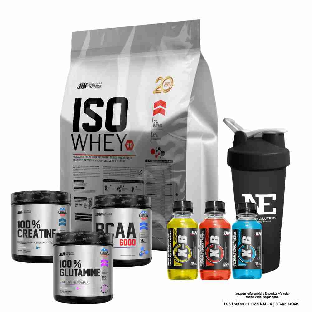 COMBO UN - ISO WHEY 90 5 KG. CHOCOLATE+ CREATINE 500G+ BCAA 490G FRUIT PUNCH+ GLUTAMINE 500G+ SHAKER