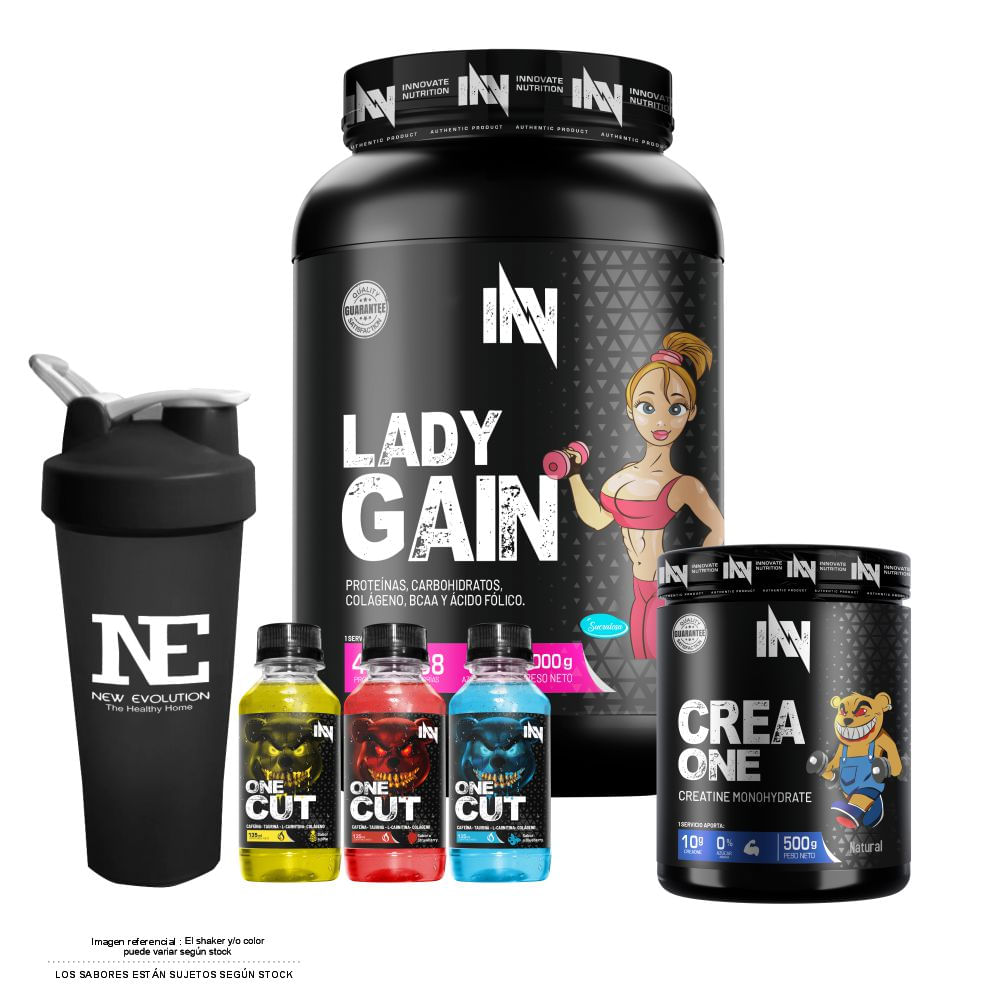 COMBO INNOVATE NUTRITION - LADY GAIN 2 KG. CHOCOLATE + CREA ONE 500 GR. + SHAKER