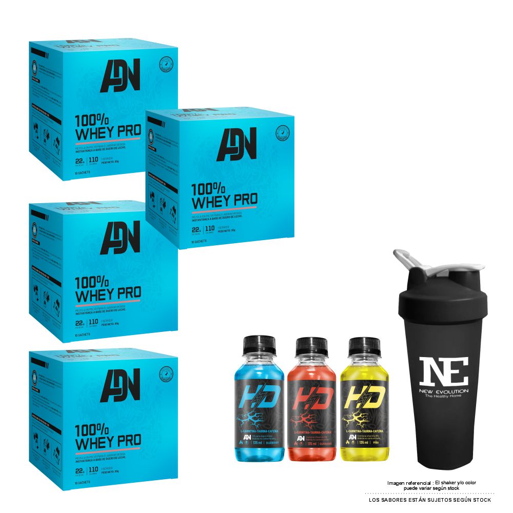 COMBO ADN NUTRITION - 4 100% WHEY PRO CAJA 10 UNID. VAINILLA + SHAKER