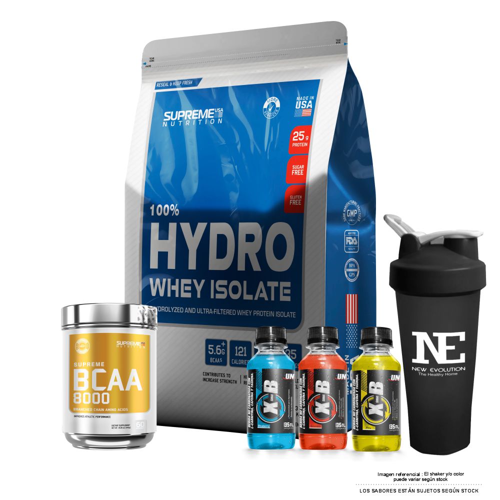 COMBO SUPREME NUTRITION - HYDRO WHEY ISOLATE 5.5 LIBRAS VAINILLA + SUPREME BCAA 540GR. PIÑA + SHAKER