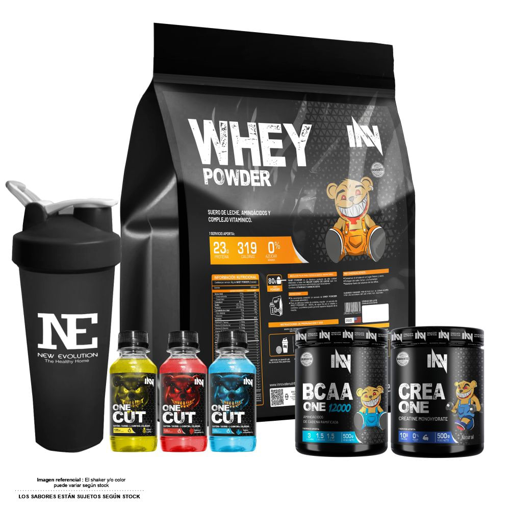 COMBO INNOVATE - WHEY POWDER 5 KG. CHOCOLATE + CREA ONE 500GR. + BCAA ONE 500GR. FRUIT PUNCH +SHAKER