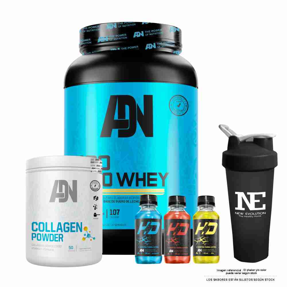 COMBO ADN NUTRITION - ISO PRO WHEY 1.100 KG. VAINILLA + COLLAGEN POWDER 500 GR. FRUIT PUNCH + SHAKER