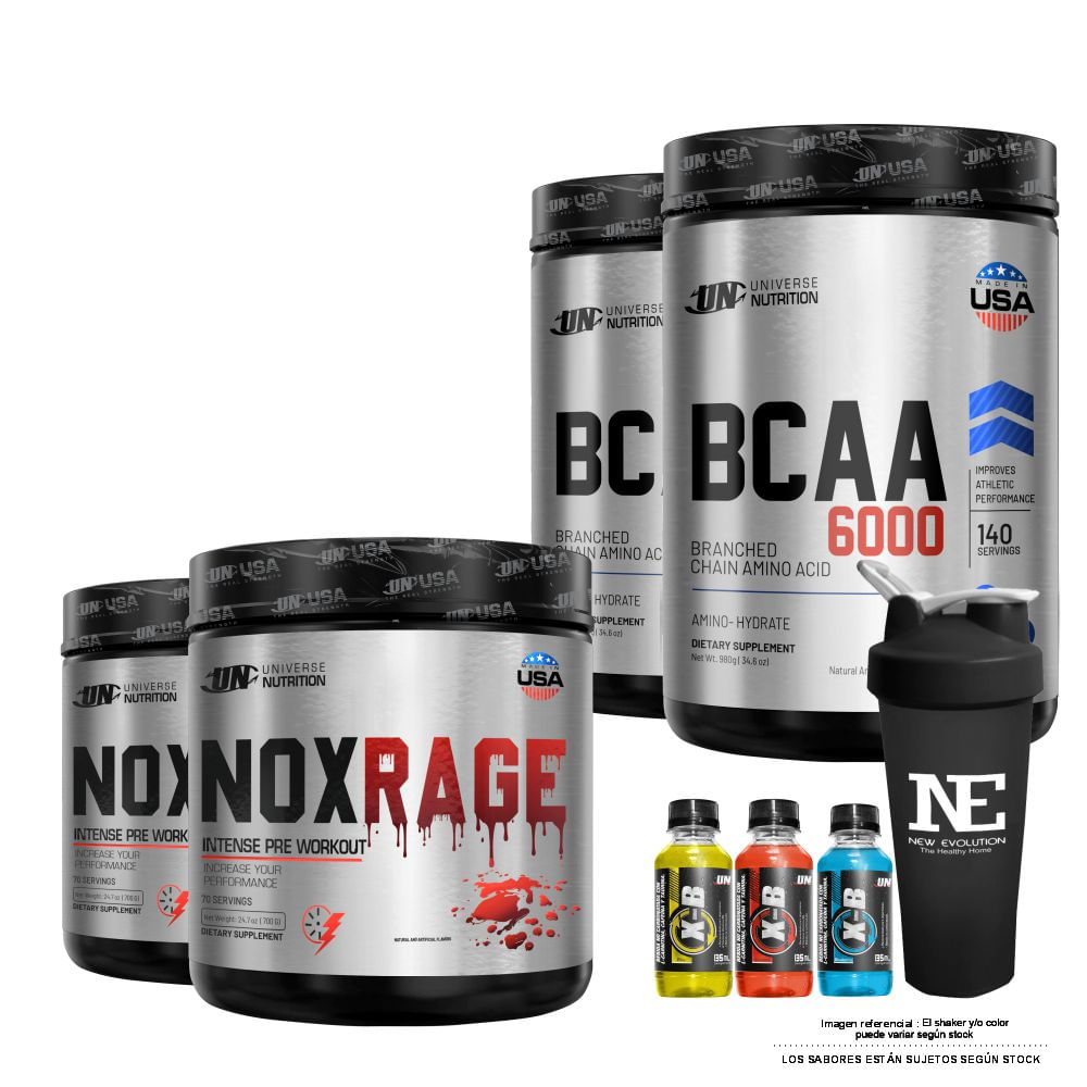 COMBO UNIVERSE NUTRITION - 2 NOX RAGE 700 GR. FRUIT PUNCH + 2 BCAA 6000 980 GR. FRUIT PUNCH + SHAKER