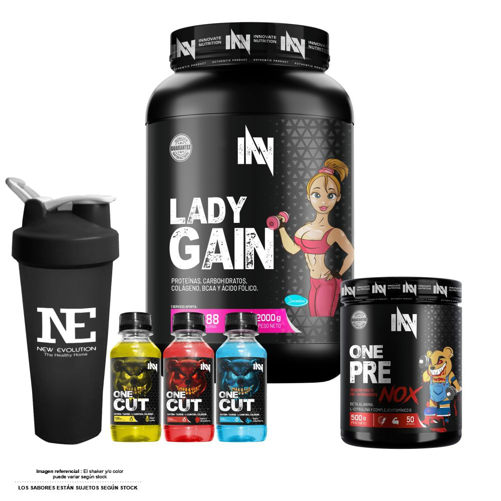 COMBO INNOVATE NUTRITION - LADY GAIN 2 KG. COOKIE + ONE PRE NOX 500 GR. MORA + SHAKER
