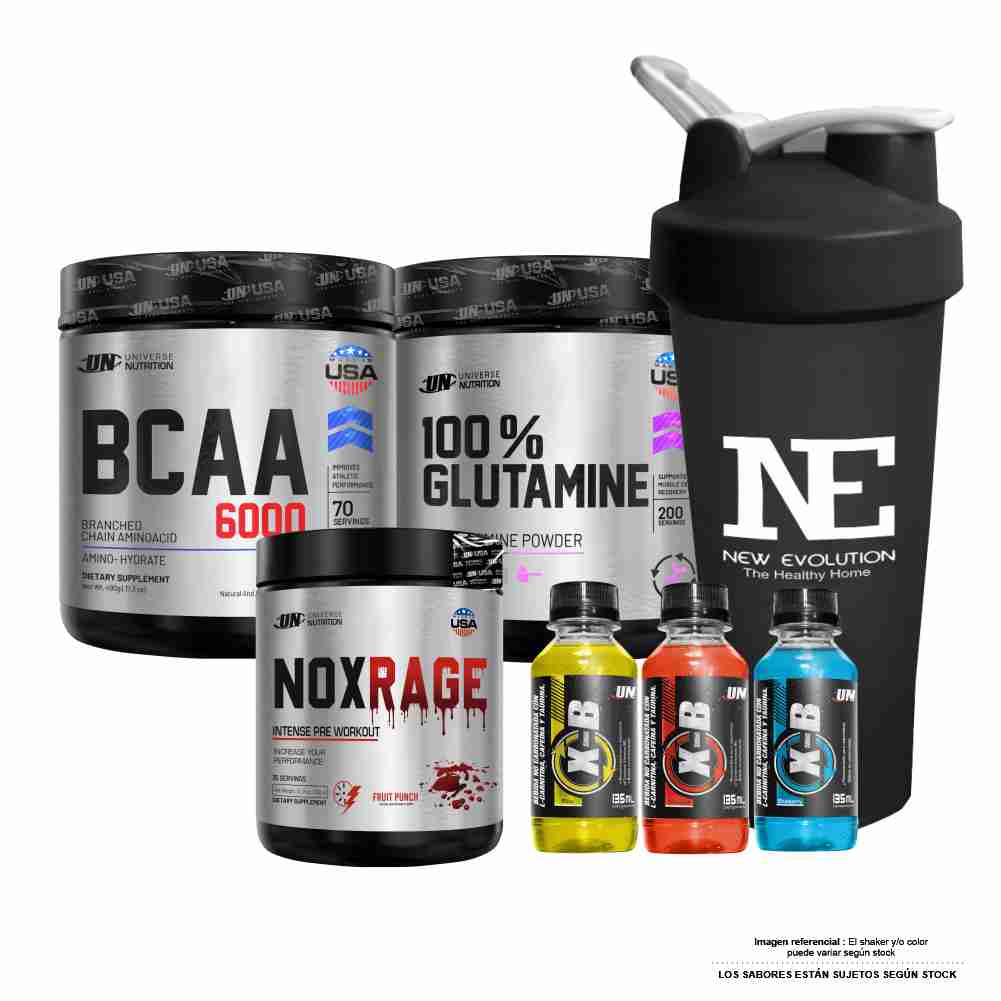 COMBO UNIVERSE - BCAA 490GR. CITRUS PUNCH + GLUTAMINE 500GR. + NOX RAGE 350GR. CITRUS PUNCH + SHAKER