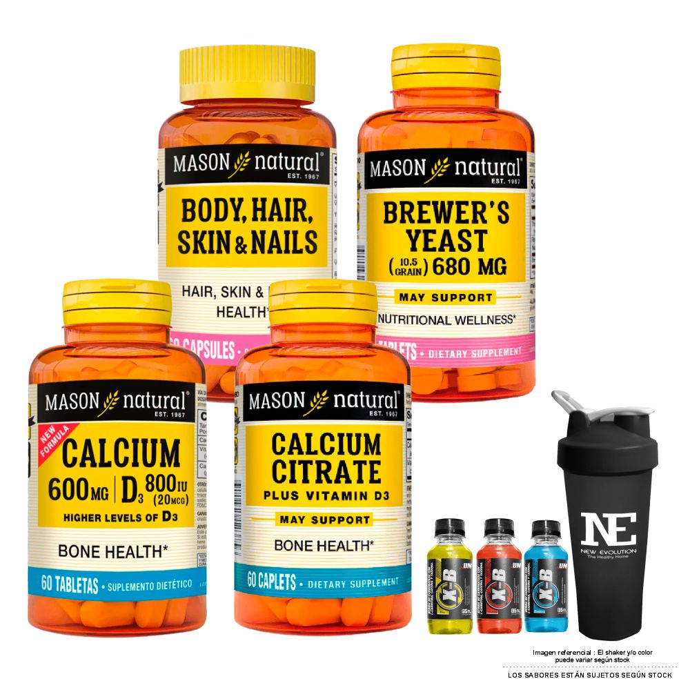 COMBO MASON- MULTIVITA. PARA CABELLO+ LEVADURA DE CERVEZA + CALCIO 600MG + CITRATO DE CALCIO +SHAKER