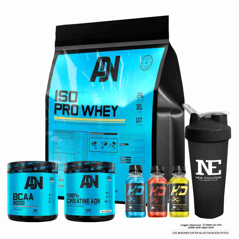 COMBO ADN - ISO PRO WHEY 5 KG. COOKIE +BCAA 8000 540 GR. MANZANA + 100% CREATINE ADN 500 GR. +SHAKER