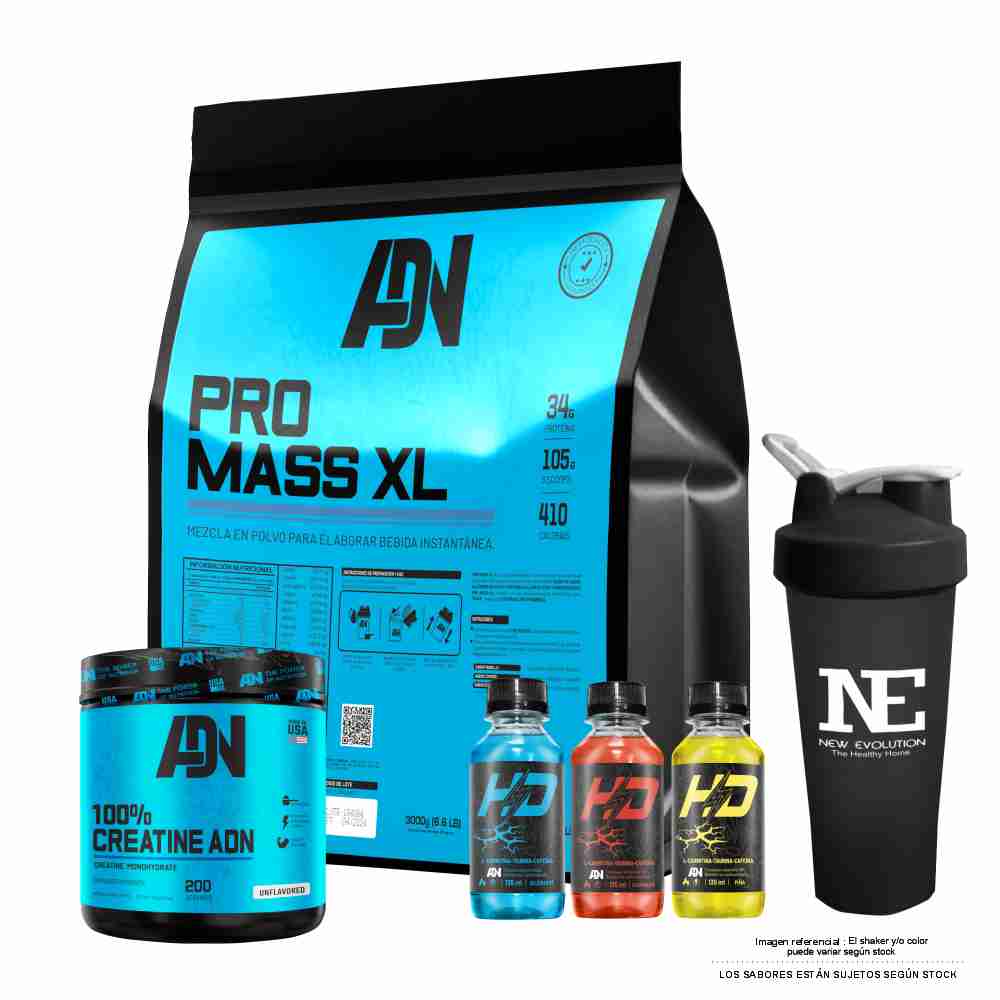 COMBO ADN NUTRITION - PRO MASS XL 3 KG. COOKIE + 100% CREATINE ADN 500 GR. + SHAKER