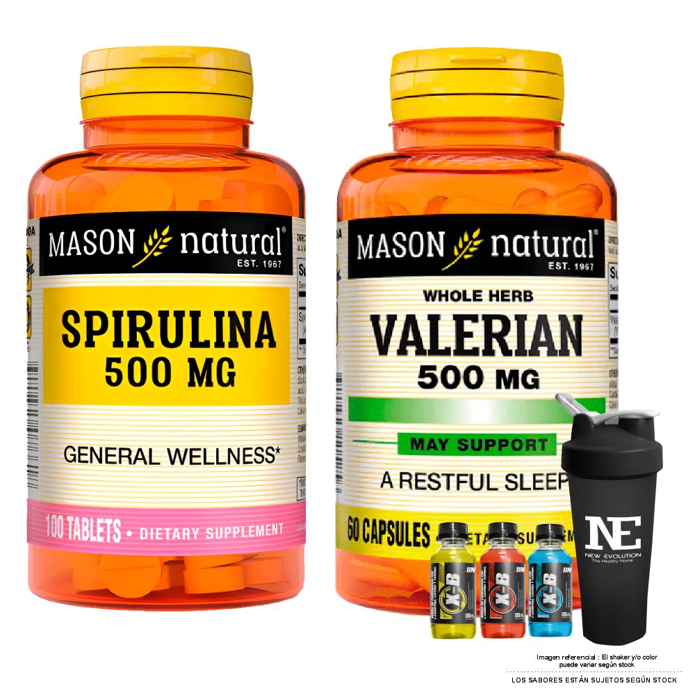COMBO VITAMINAS MASON NATURAL - ESPIRULINA 500 MG (100 TAB) + VALERIANA 500 MG (60 CAP) + SHAKER