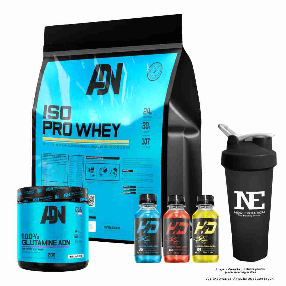 COMBO ADN NUTRITION - ISO PRO WHEY 3 KG. COOKIE + 100% GLUTAMINE ADN 500 GR. NATURAL + SHAKER