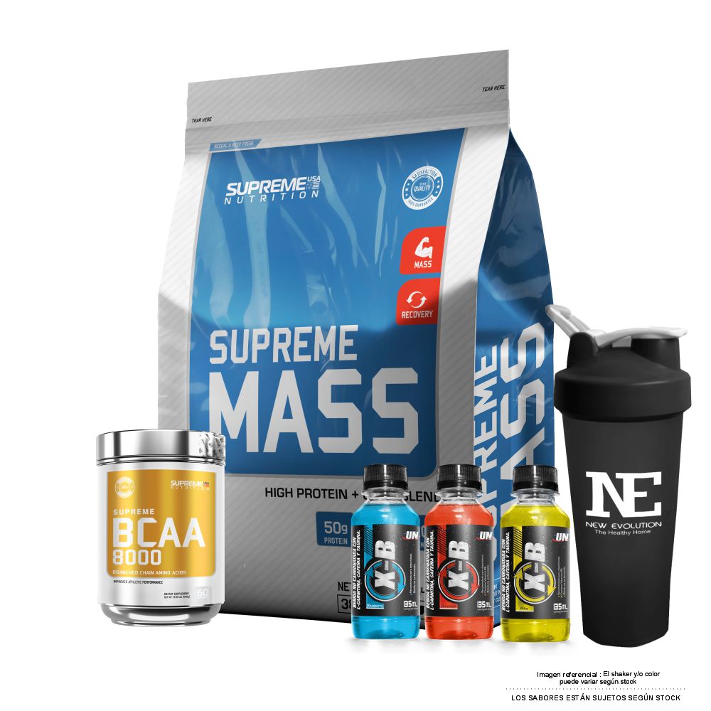 COMBO SUPREME NUTRITION - SUPREME MASS 10 LIBRAS CHOCOLATE + SUPREME BCAA 540GR. FRUIT PUNCH +SHAKER