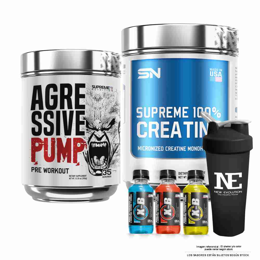 COMBO SUPREME NUTRITION - AGRESSIVE PUMP 350 GR. WATERMELON + SUPREME 100% CREATINE 500 GR. + SHAKER