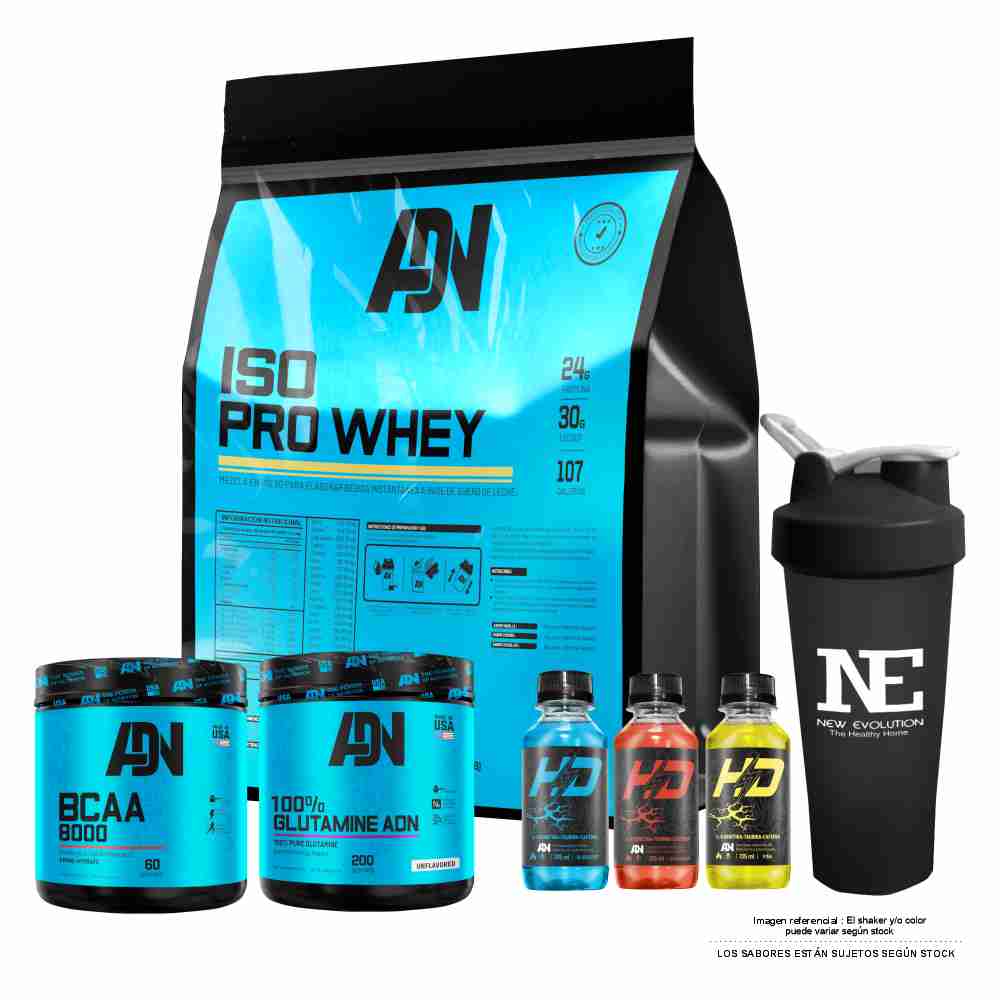 COMBO ADN - ISO PRO WHEY 3 KG. CHOCOLATE + GLUTAMINE ADN 500 GR. + BCAA 8000 540 GR. MANZANA +SHAKER