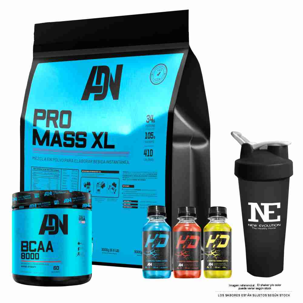 COMBO ADN NUTRITION - PRO MASS XL 3 KG. COOKIE + BCAA 8000 540 GR. MANZANA + SHAKER