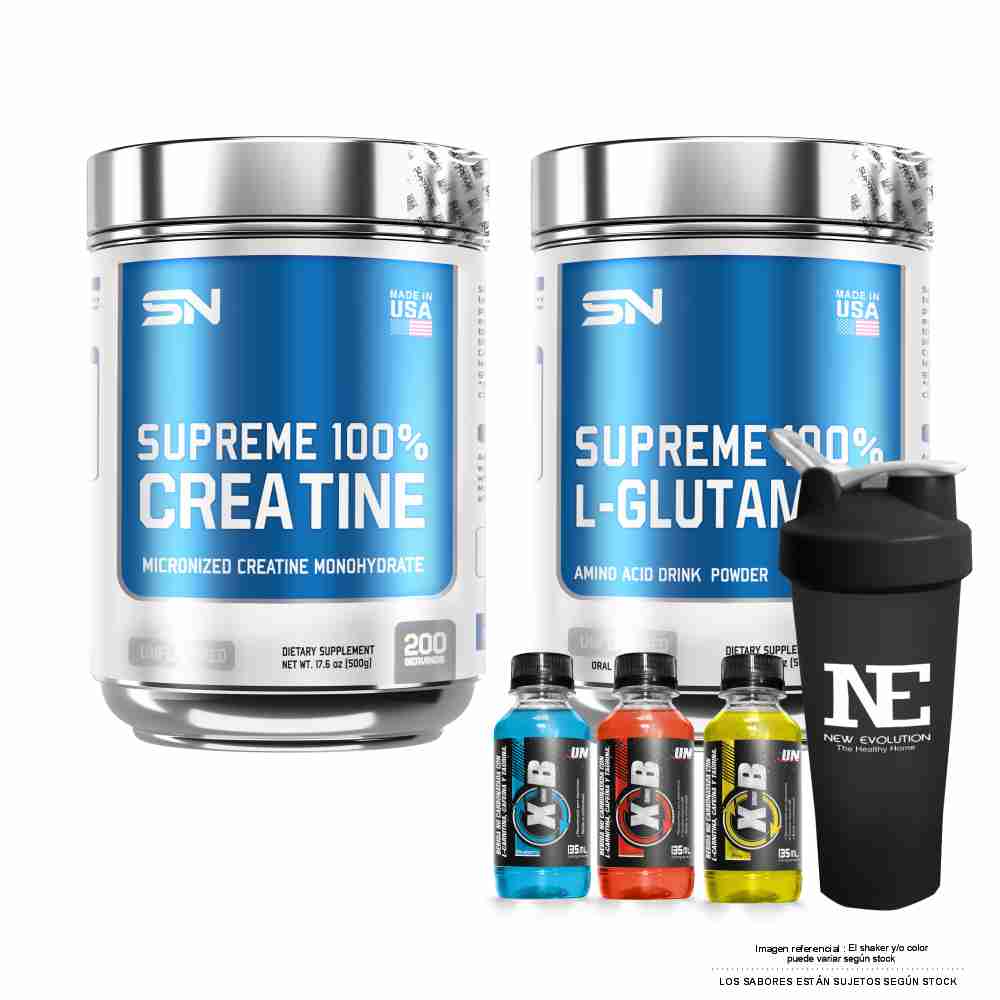 COMBO SUPREME NUTRITION - SUPREME 100% GLUTAMINE 500 GR. + SUPREME 100% CREATINE 500 GR. + SHAKER
