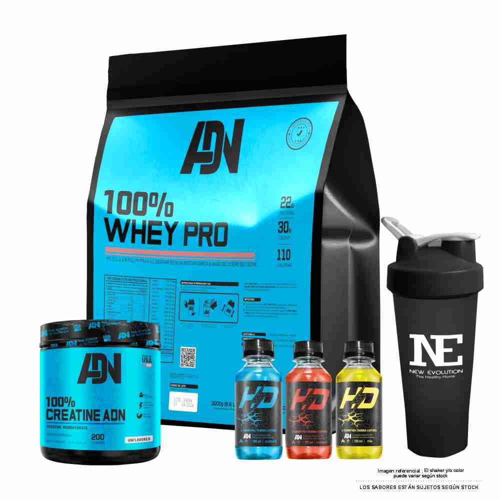 COMBO ADN NUTRITION - 100% WHEY PRO 3 KG. CHOCOLATE + 100% CREATINE ADN 500 GR. + SHAKER