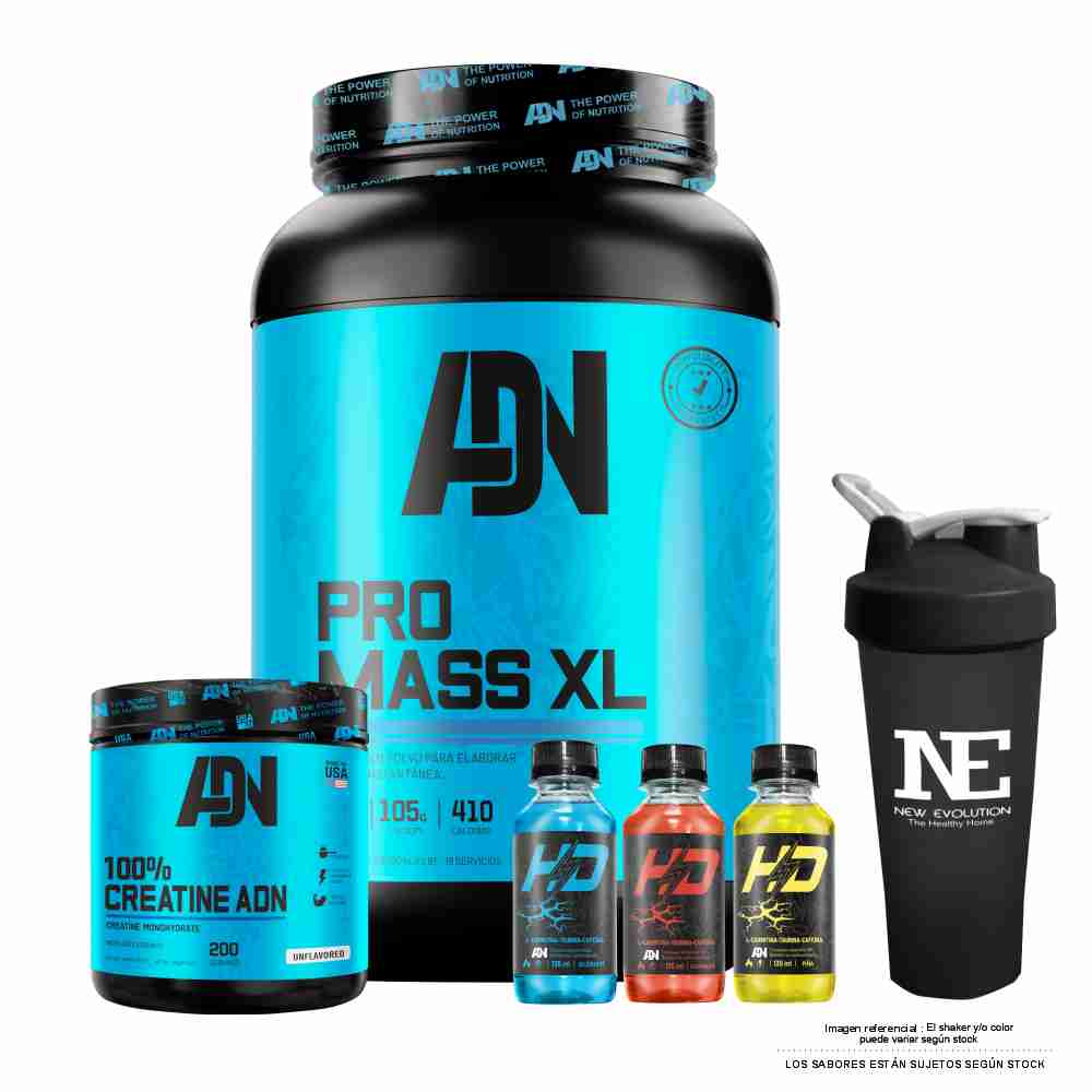 COMBO ADN NUTRITION - PRO MASS XL 2 KG. VAINILLA + 100% CREATINE ADN 500 GR. + SHAKER