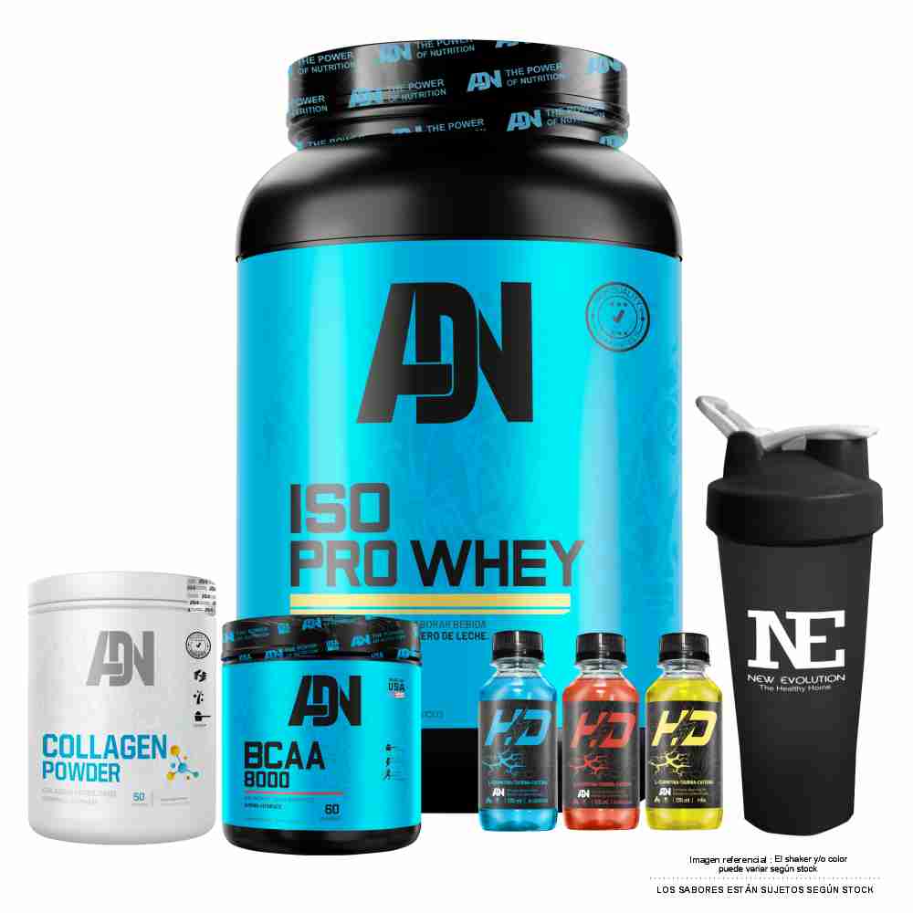 COMBO ADN - ISO PRO WHEY 1.1 KG. CHOCOLATE + BCAA 540GR. MANZANA + COLLAGEN 500 GR. NARANJA + SHAKER