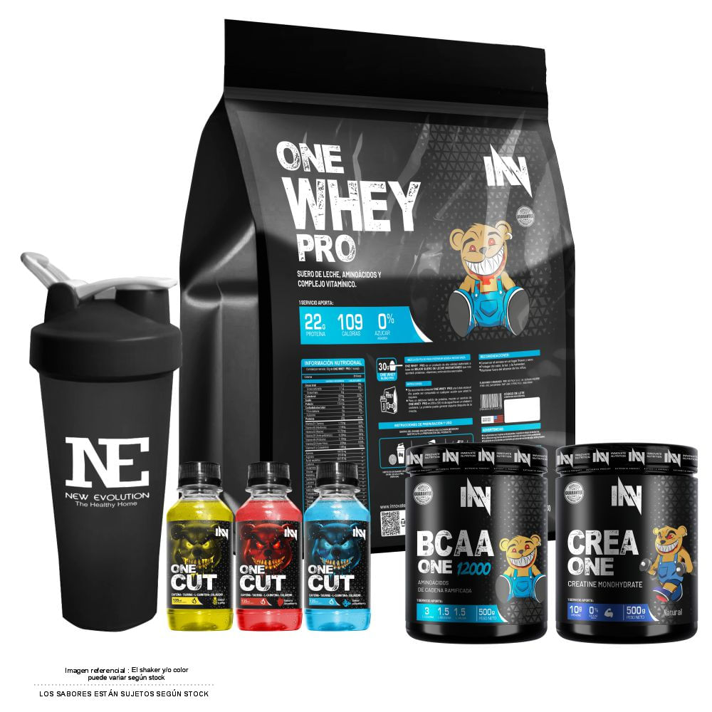 COMBO INNOVATE - ONE WHEY PRO 3 KG. VAINILLA + CREA ONE 500 GR. + BCAA ONE 500 GR. NARANJA + SHAKER