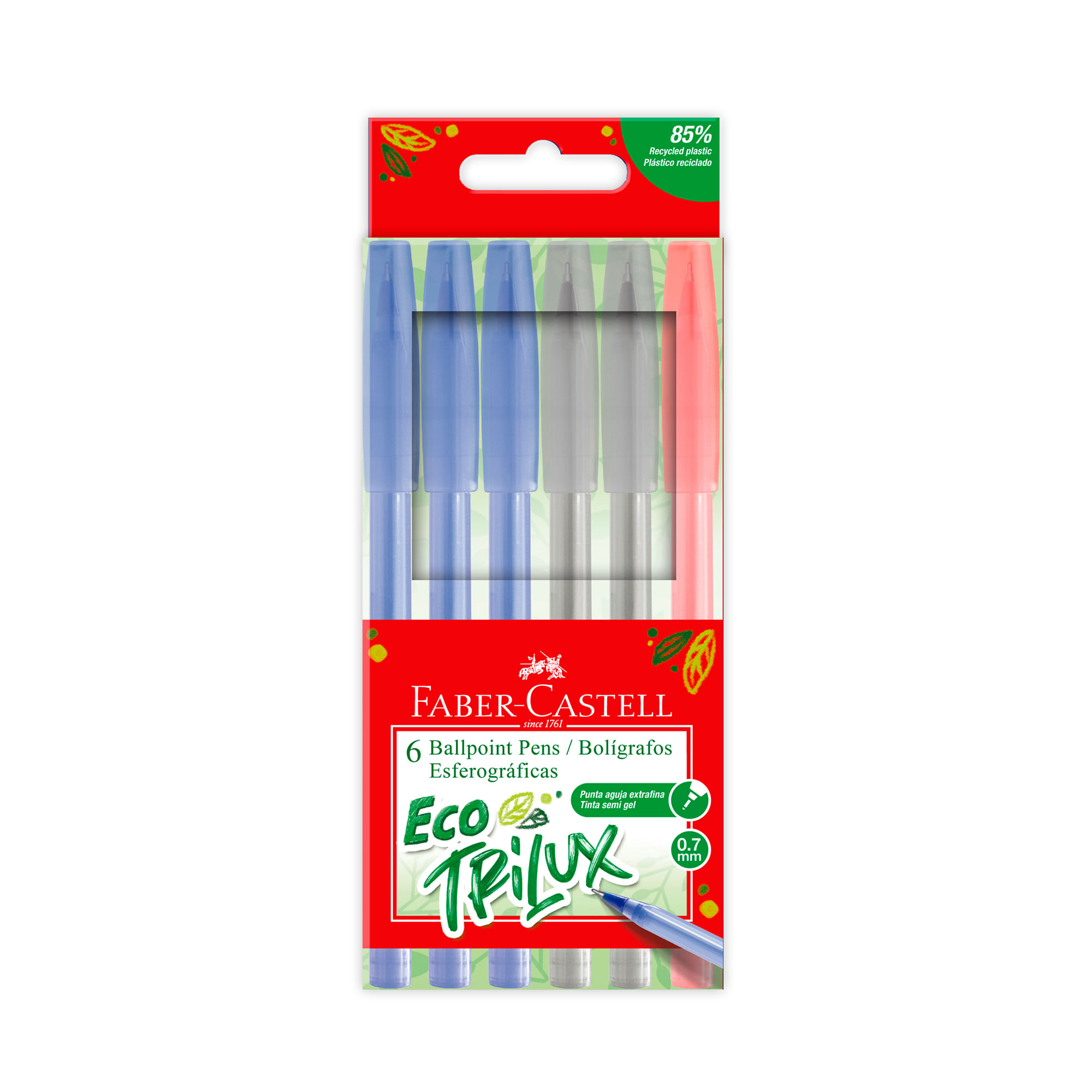 Lapiceros FABER CASTELL Eco Trilux 3-Azul 2-Negro 1-Rojo Pack 6un