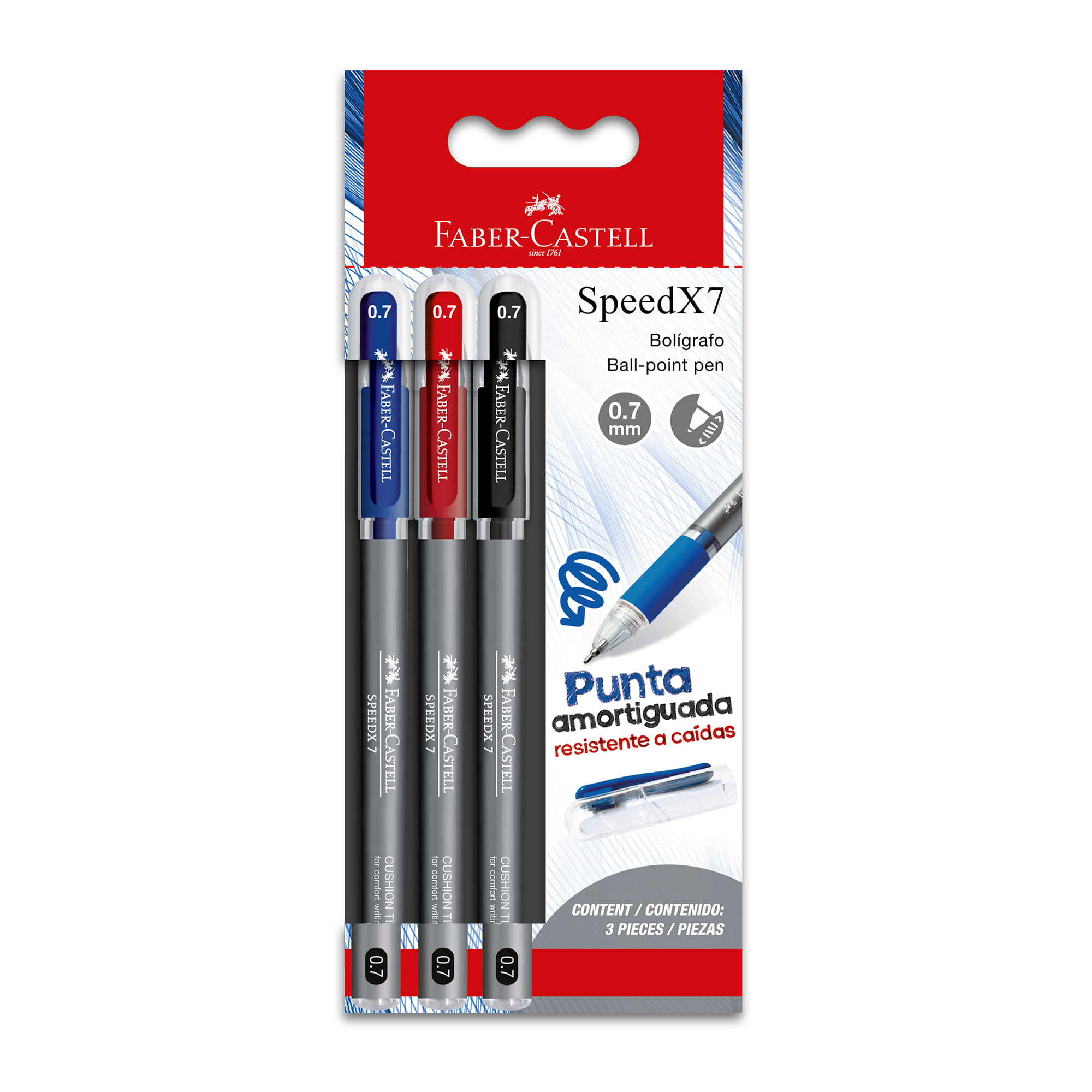 Lapiceros FABER CASTELL Speedx 7 1-Azul 1-Rojo 1-Negro Pack 3un