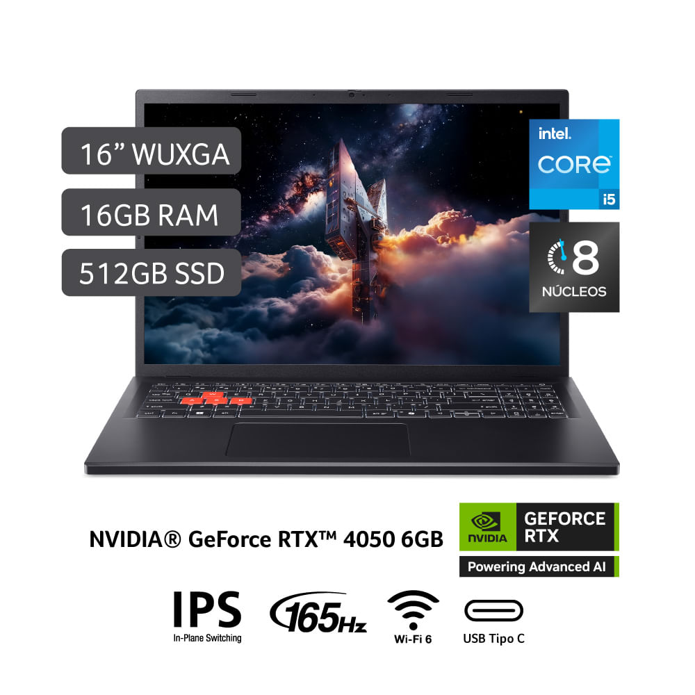 Laptop Gamer ACER NL16-71G-57ED 16'' Core i5 13420H 16GB 512GB SSD RTX 4050 6GB