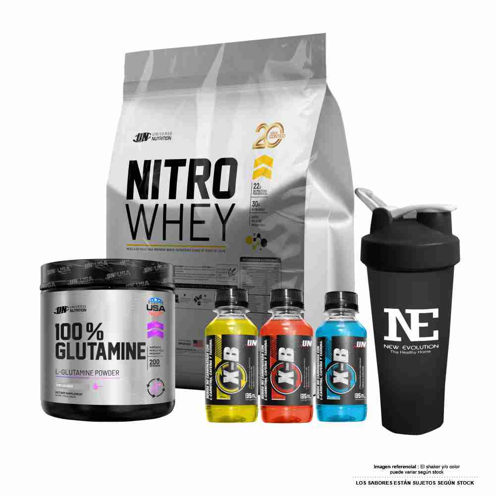 COMBO UNIVERSE NUTRITION - NITRO WHEY 5 KG. VAINILLA + 100% GLUTAMINE 500 GR. + SHAKER