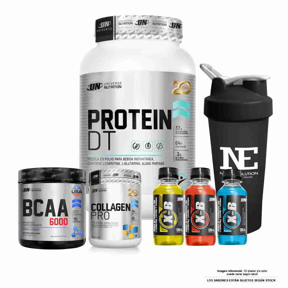 COMBO UN - PROTEIN DT 1.5 KG. VAINILLA + BCAA 490GR. FRUITPUNCH +COLLAGEN PRO 500 GR. SANDIA +SHAKER