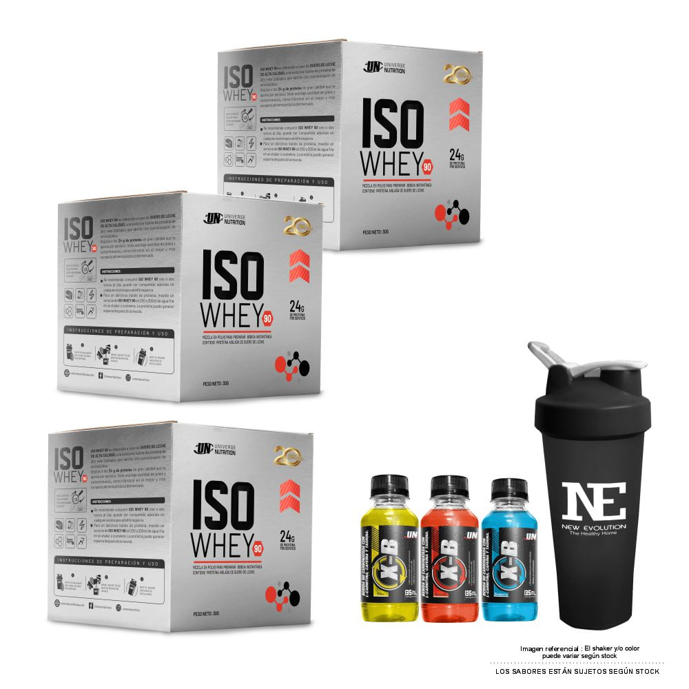 COMBO UNIVERSE NUTRITION - 3 ISO WHEY 90 CAJA 10 UNID. COOKIE + SHAKER