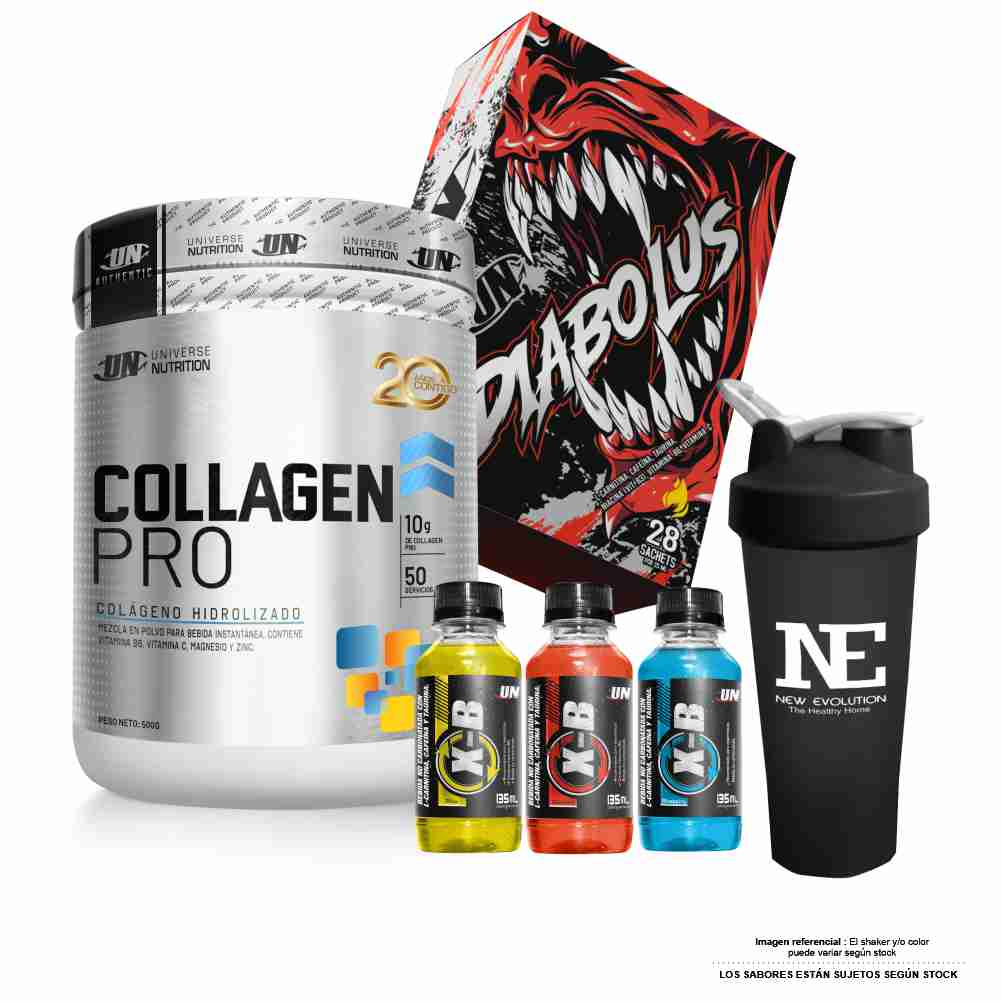 COMBO UNIVERSE NUTRITION - COLLAGEN PRO 500GR. FRUIT PUNCH + DIABOLUS CAJA 28 UNID. MARACUYÁ +SHAKER