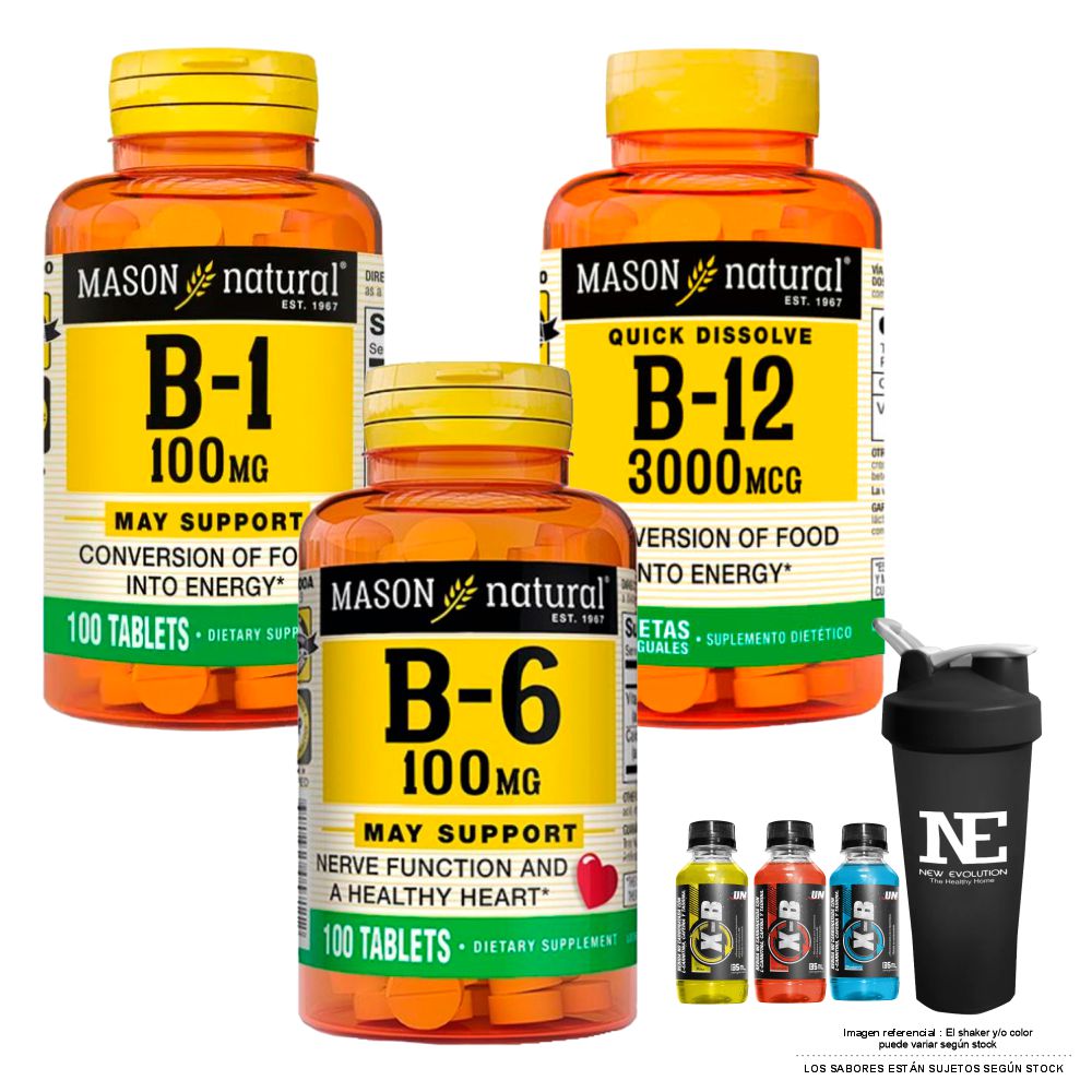 COMBO VITAMINAS MASON - VITAMINA B-1 100 MG + VITAMINA B-12 3000 MCG + VITAMINA B-6 100 MG + SHAKER