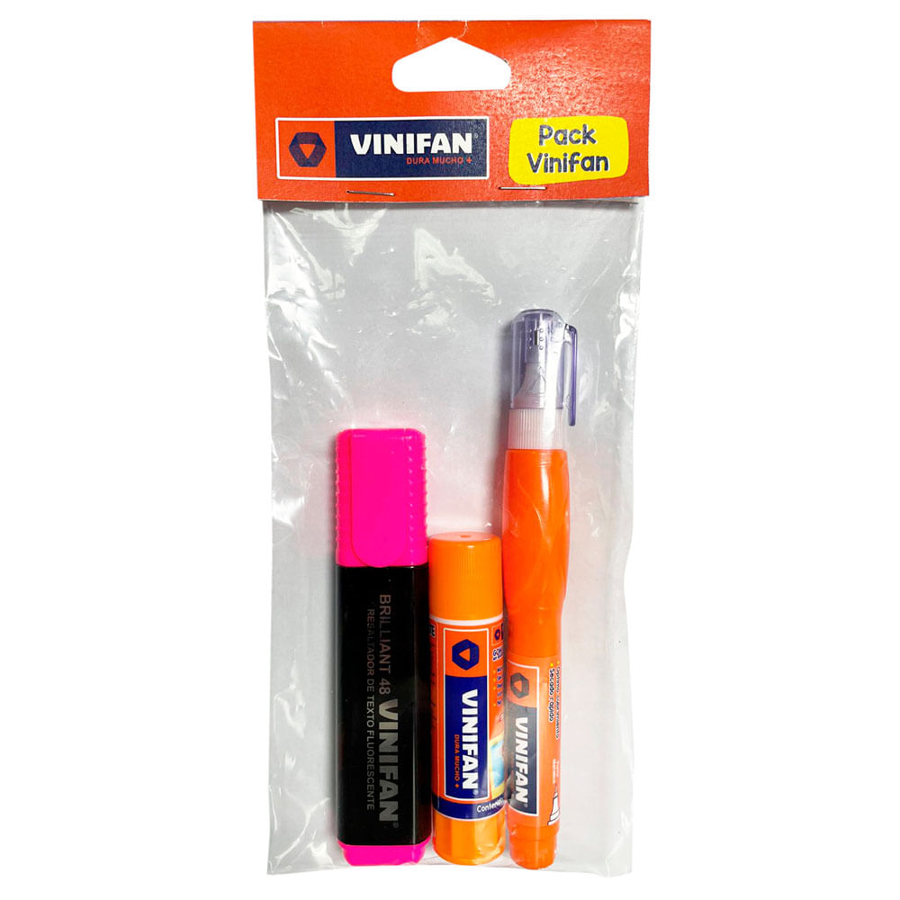 Pack Escolar VINIFAN Goma Barra + Resaltador + Corrector Paquete 3un