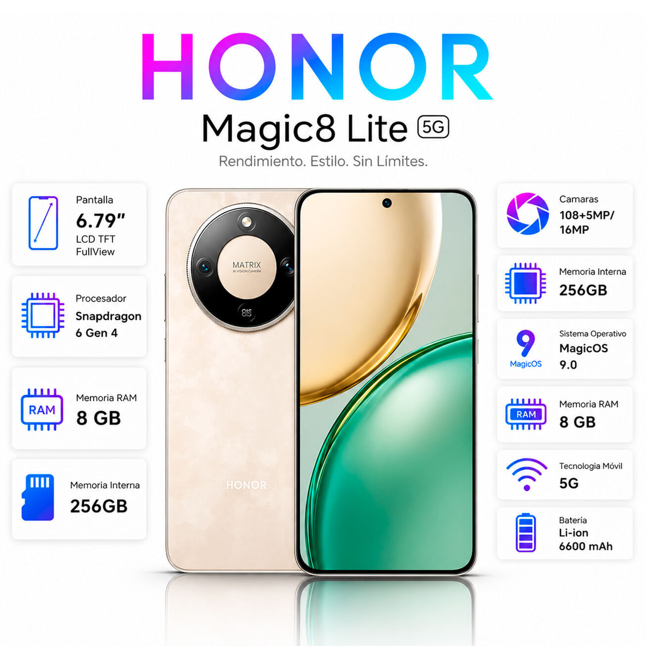 Celular Honor Magic 8 Lite 5G 8GB RAM 256GB 6.79 Pulg. MagicOS 9.0 - Dorado Amanecer
